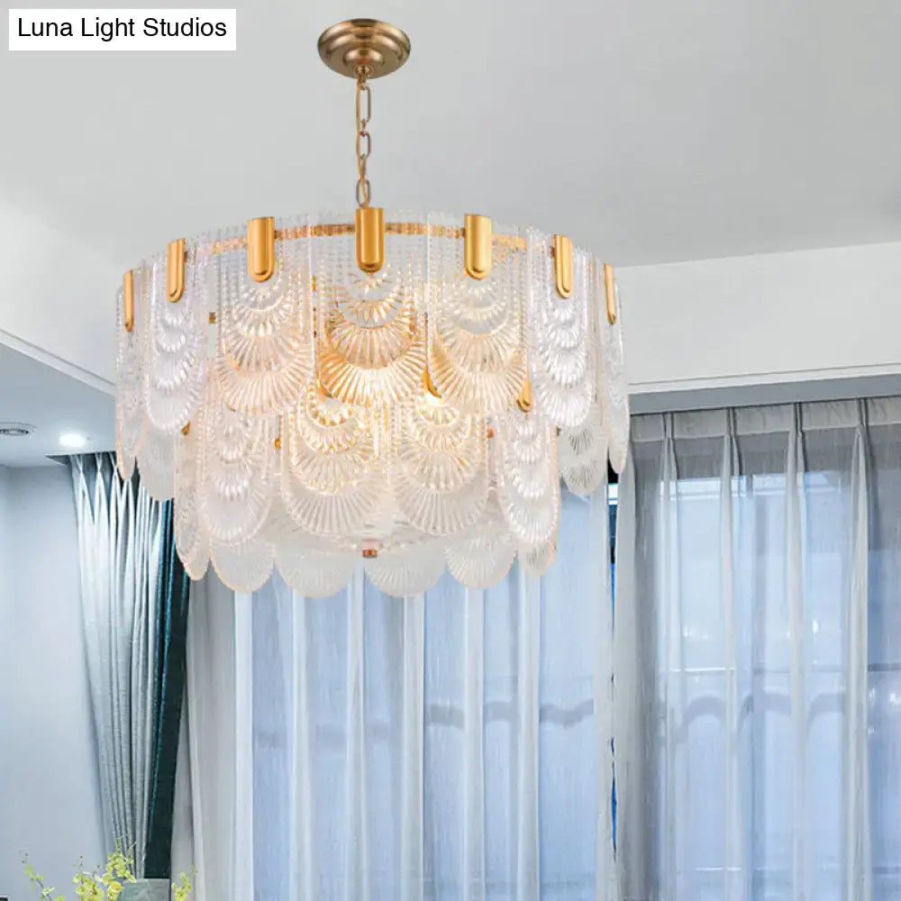 Textured Glass Brass Chandelier by Decorbites, circular gold frame with scalloped glass discs on Tampa Home & Garden Store