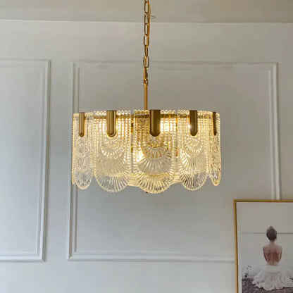 Textured Glass Brass Chandelier by Decorbites, drum-style pendant with faceted glass panels in gold on Tampa Home & Garden Store