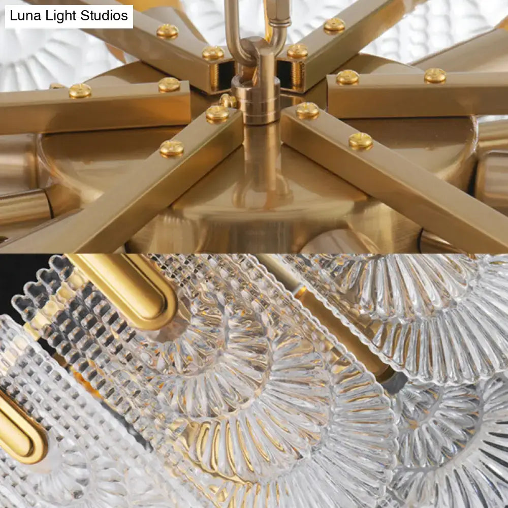 Decorbites Textured Glass Brass Chandelier with starburst brass arms and clear ribbed prisms on Tampa Home & Garden Store