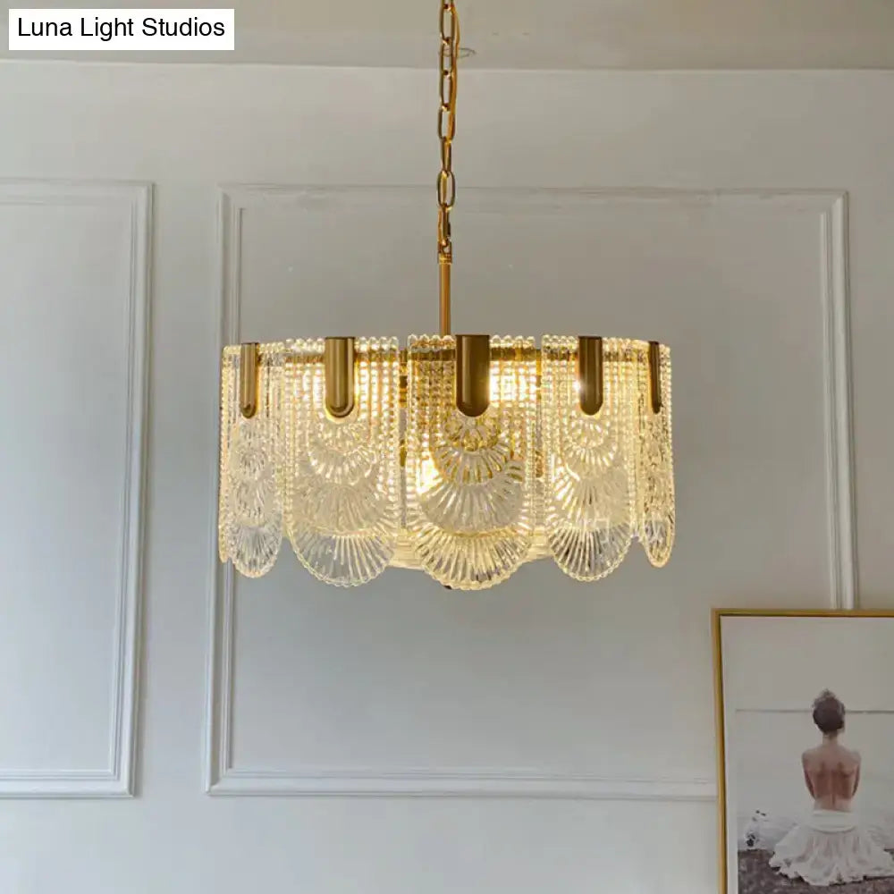 Textured Glass Brass Chandelier with gold brass frame and scalloped glass panels by Decorbites on Tampa Home & Garden Store