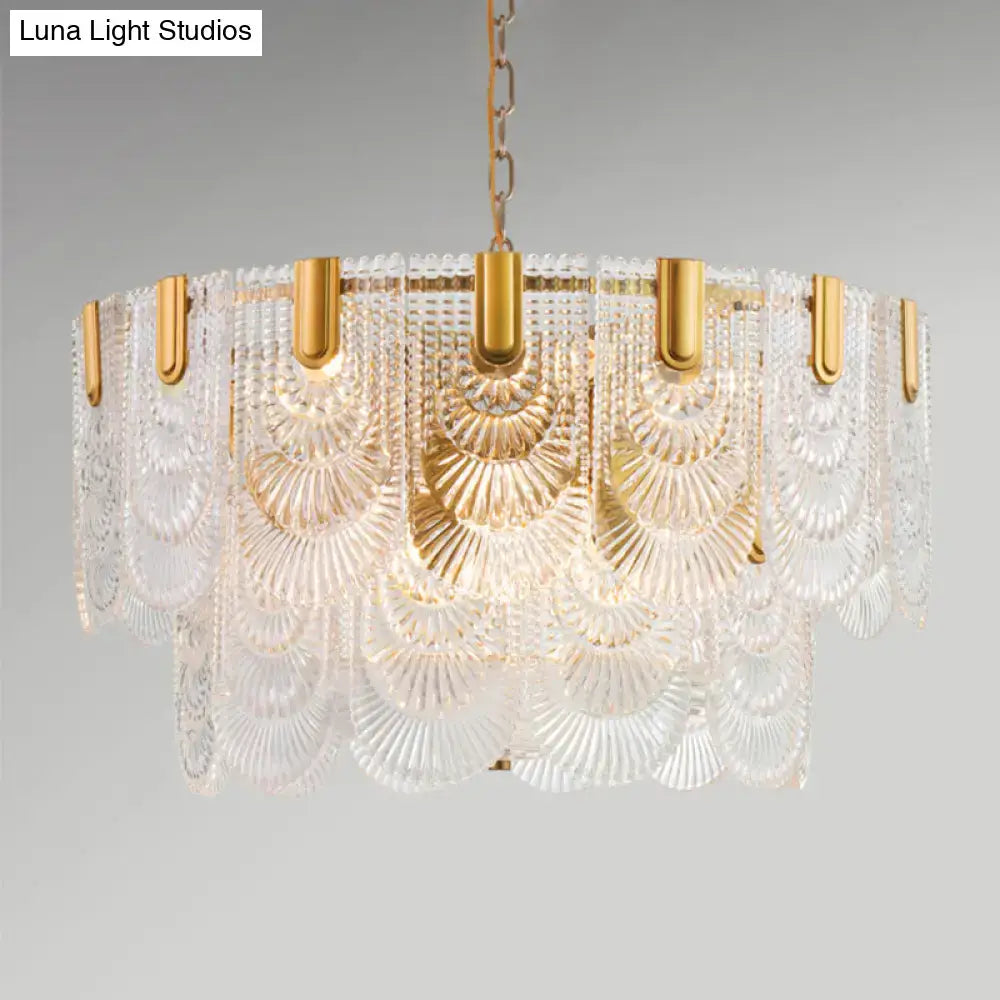 Textured Glass Brass Chandelier by Decorbites; gold brass frame with layered clear ribbed glass discs on Tampa Home & Garden Store