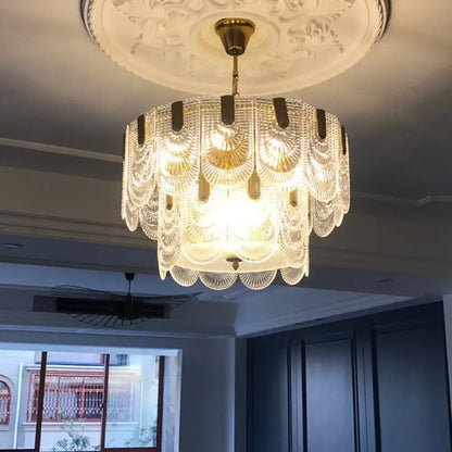 Textured Glass Brass Chandelier with layered glass discs and brass trim Decorbites on Tampa Home & Garden Store