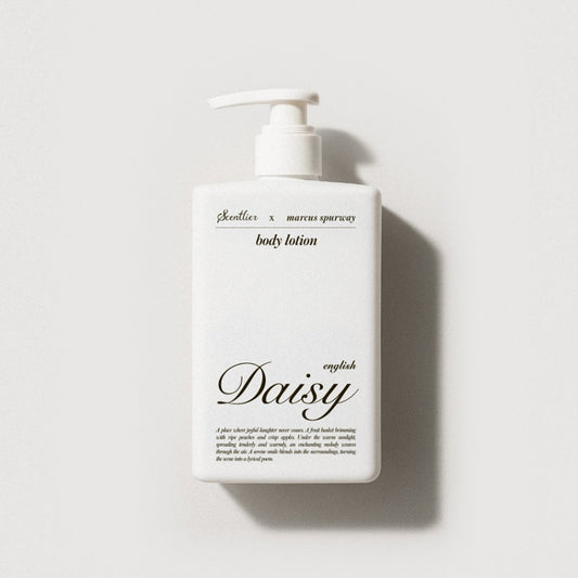 White pump-top body lotion bottle labeled Scentlier x Marcus Spurway Daisy on Tampa Home & Garden Store