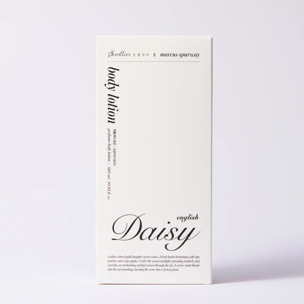 Body lotion box, white packaging with black Daisy script, Seoulia Scentlier English Daisy 320ml on Tampa Home & Garden Store