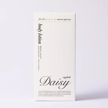 Body lotion box, white packaging with black Daisy script, Seoulia Scentlier English Daisy 320ml on Tampa Home & Garden Store
