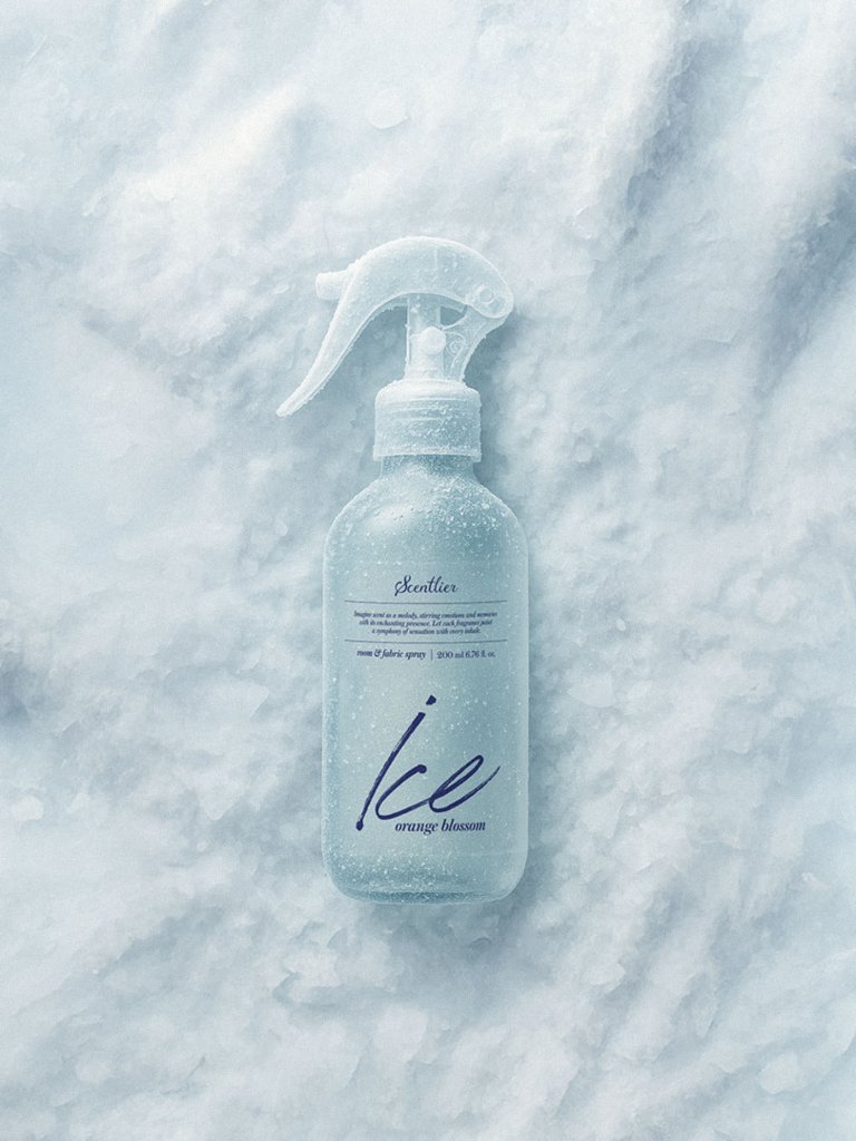 Scentlier Ice Orange Blossom Room & Fabric Spray 200ml, icy blue bottle with spray nozzle on Tampa Home & Garden Store