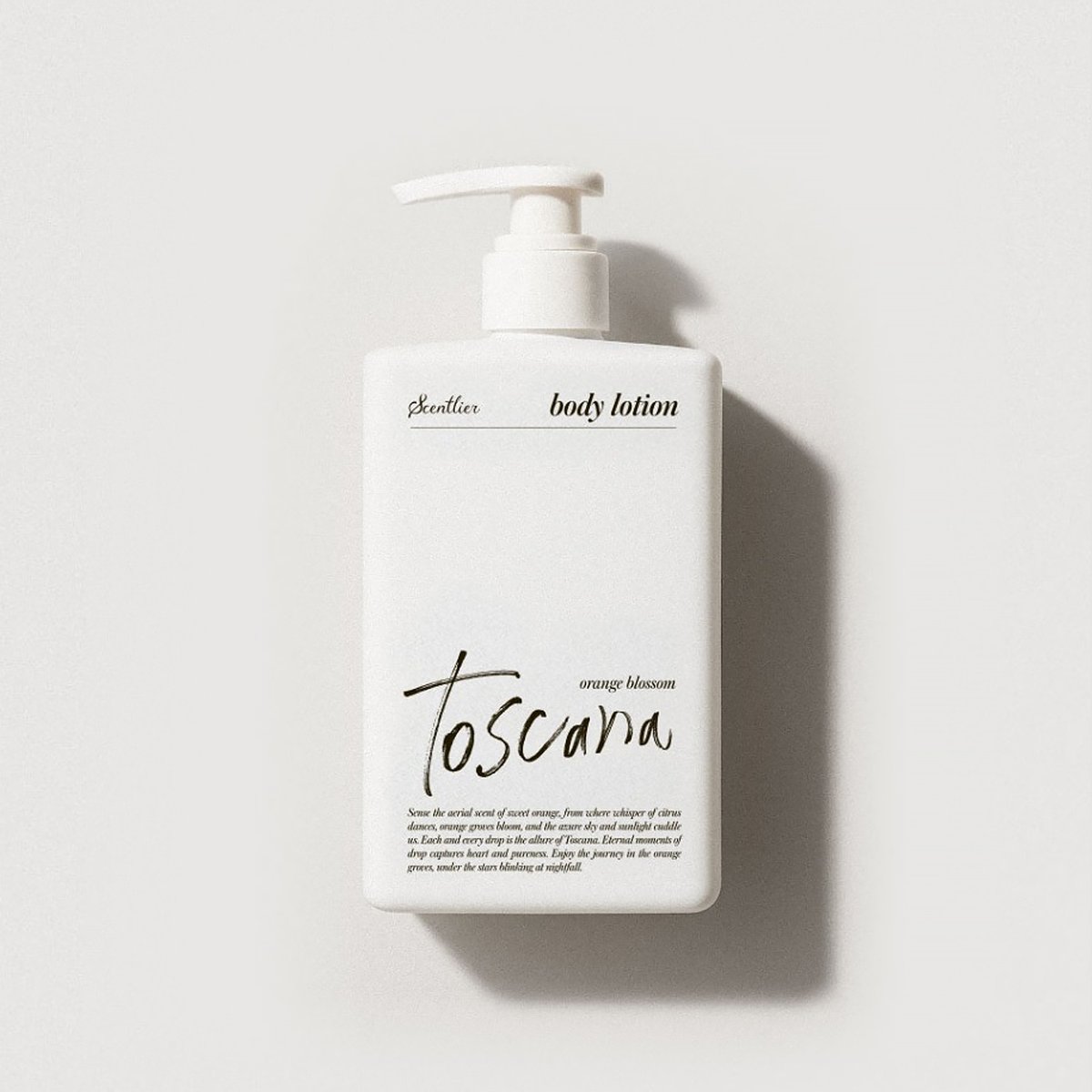 Scentlier body lotion bottle with pump, white plastic, orange blossom Toscana branding 320ml on Tampa Home & Garden Store