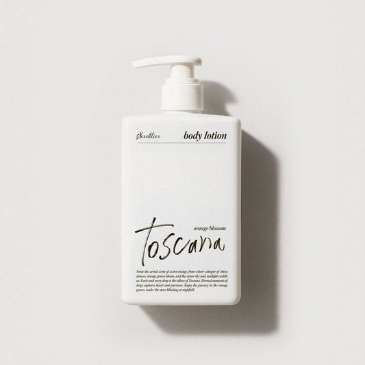 Scentlier body lotion bottle with pump, white plastic, orange blossom Toscana branding 320ml on Tampa Home & Garden Store