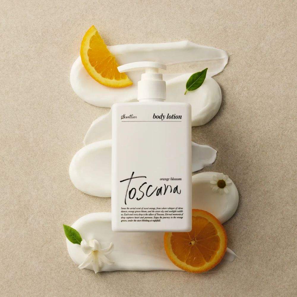 Seoulia Scentlier orange blossom body lotion 320ml pump bottle with orange slices on Tampa Home & Garden Store