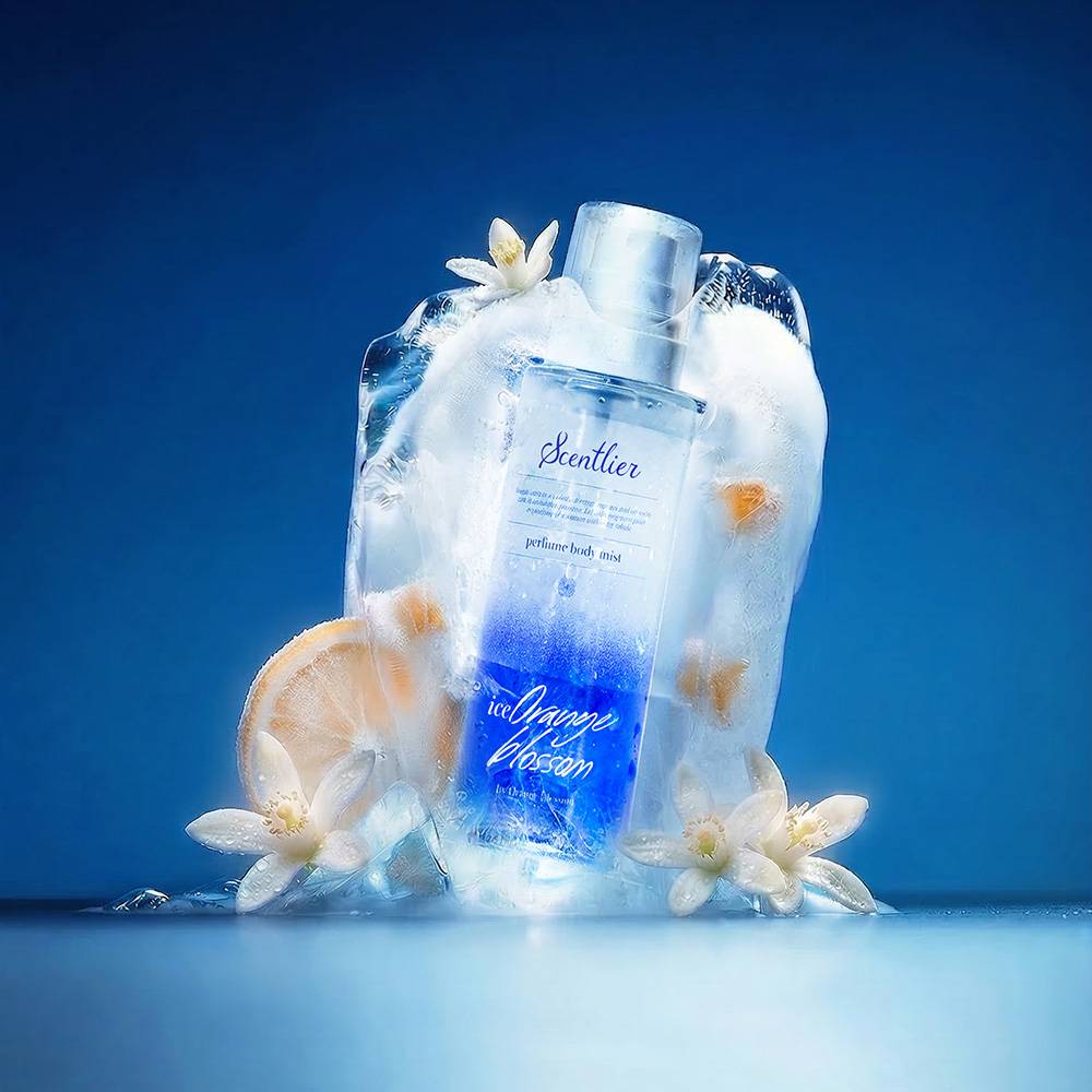 Scentlier Ice Orange Blossom body mist 150ml in a blue gradient bottle with ice and blossoms on Tampa Home & Garden Store