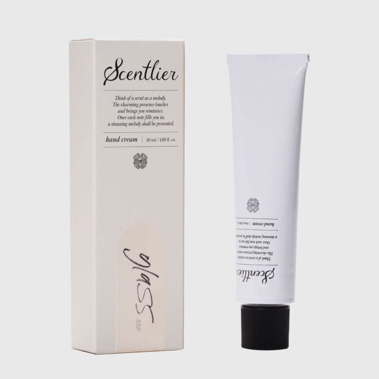 Hand Cream Scentlier 50ml Seoulia in beige box and white tube, two items on Tampa Home & Garden Store
