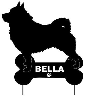 Black Schipperke garden stake wall hanging silhouette with Bella bone sign and two ground stakes on Tampa Home & Garden Store