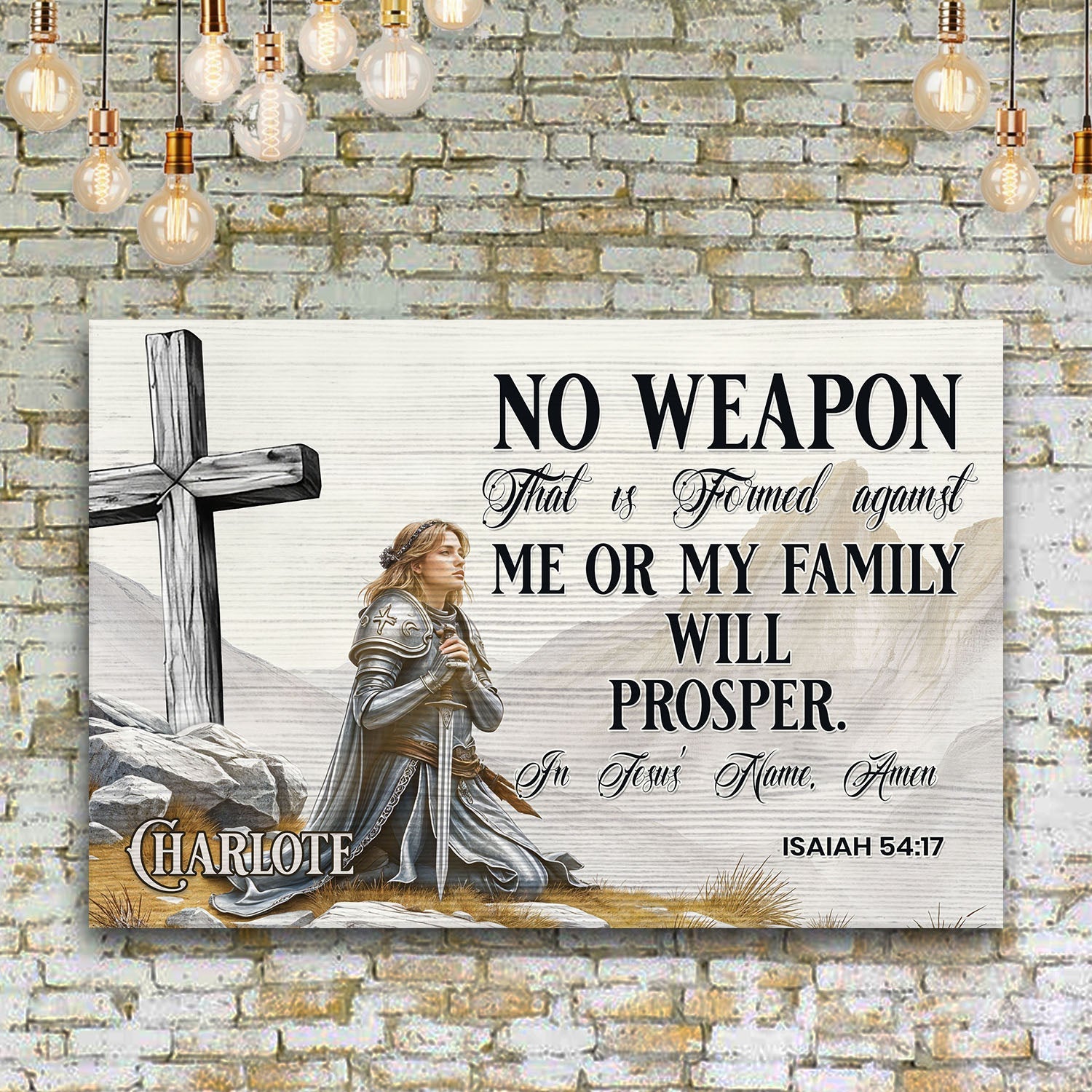 Canvas sign Tailored Canvases with Isaiah 54:17 No Weapon text, cross and woman kneeling on Tampa Home & Garden Store
