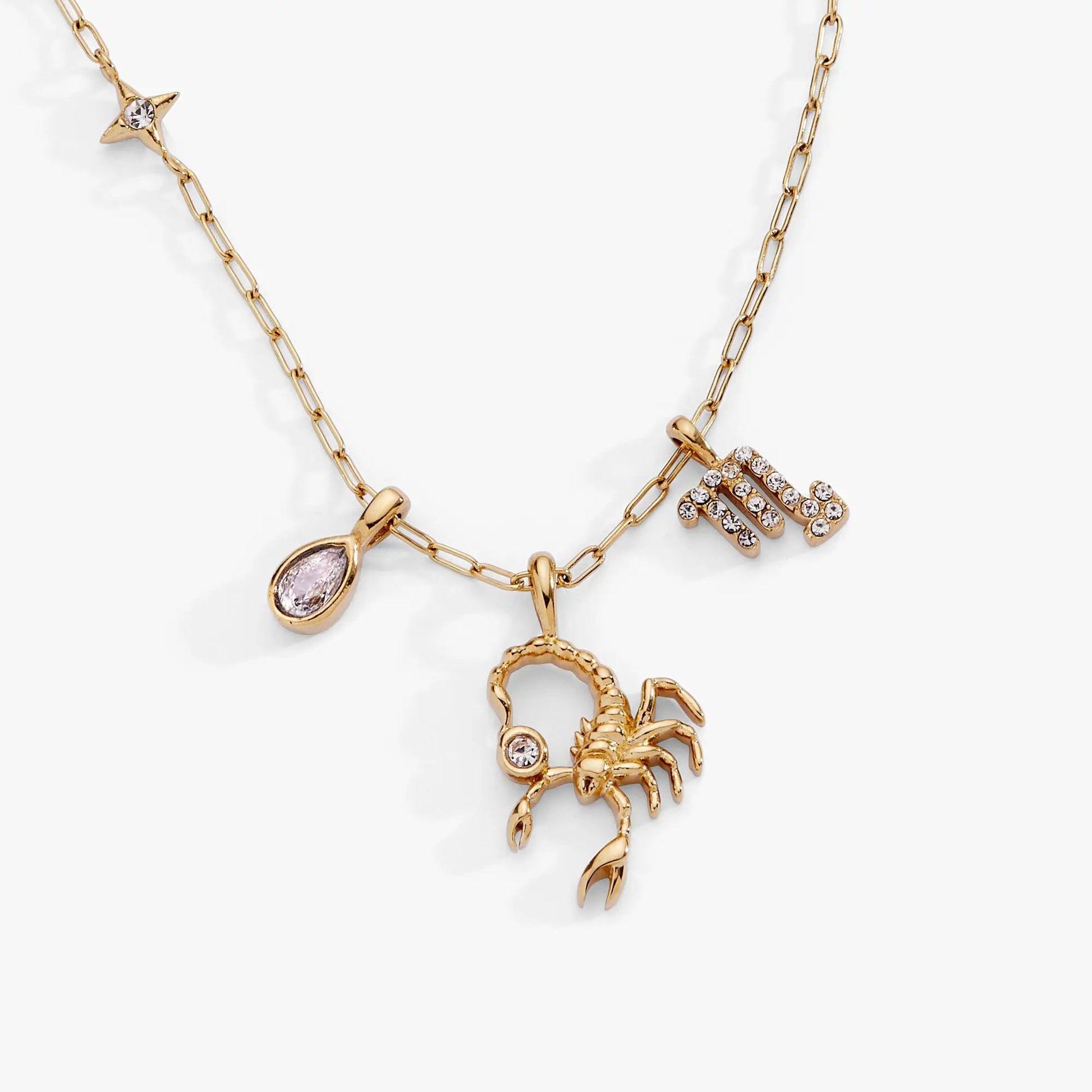 Scorpio Zodiac Charm Cluster Necklace gold-tone with star crystal and scorpion pendant on Tampa Home & Garden Store