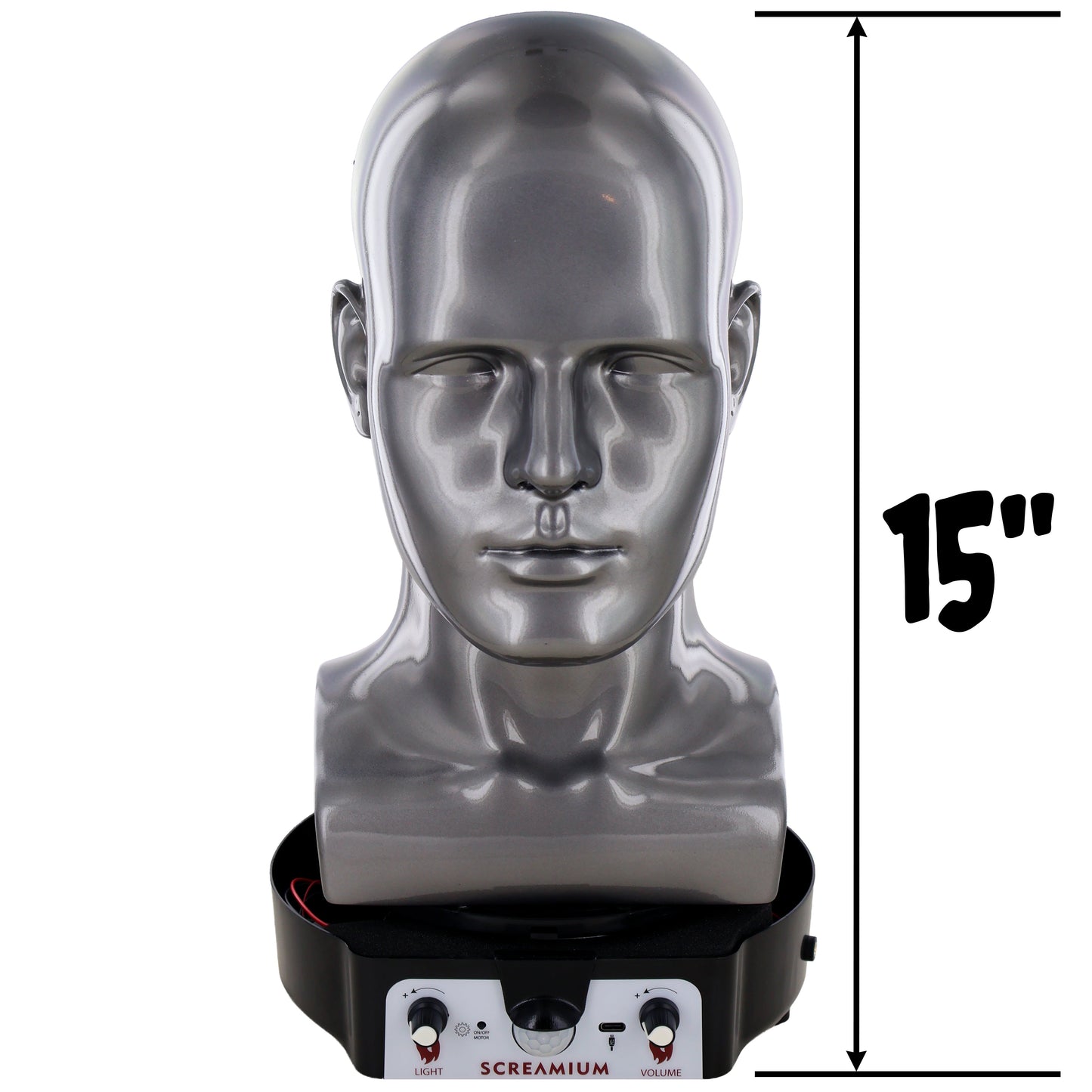 Motorized mannequin head display, metallic gray SCREAMIUM Halloween prop with sound effects on stand on Tampa Home & Garden Store