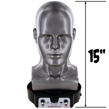 Motorized mannequin head display, metallic gray SCREAMIUM Halloween prop with sound effects on stand on Tampa Home & Garden Store