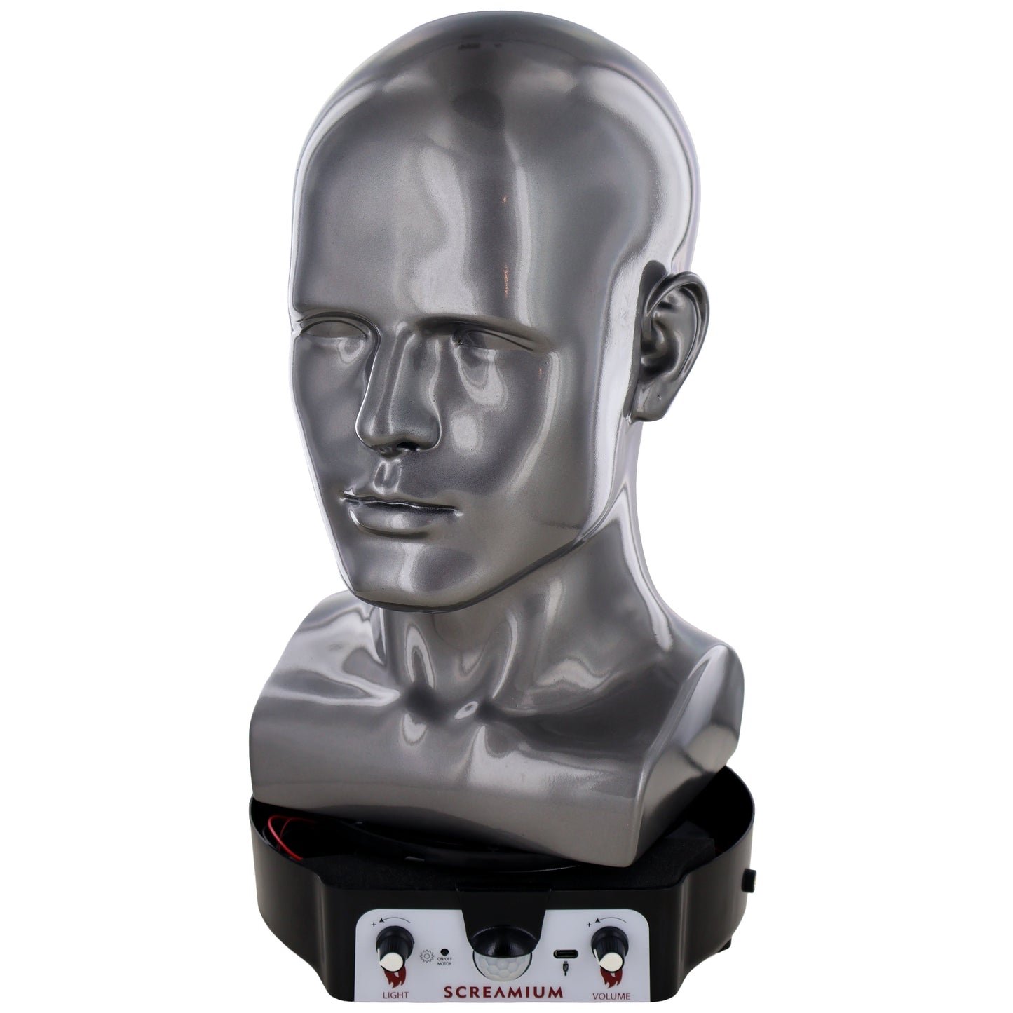 SCREAMIUM motorized mannequin head Halloween display with sound gray light and volume controls on Tampa Home & Garden Store
