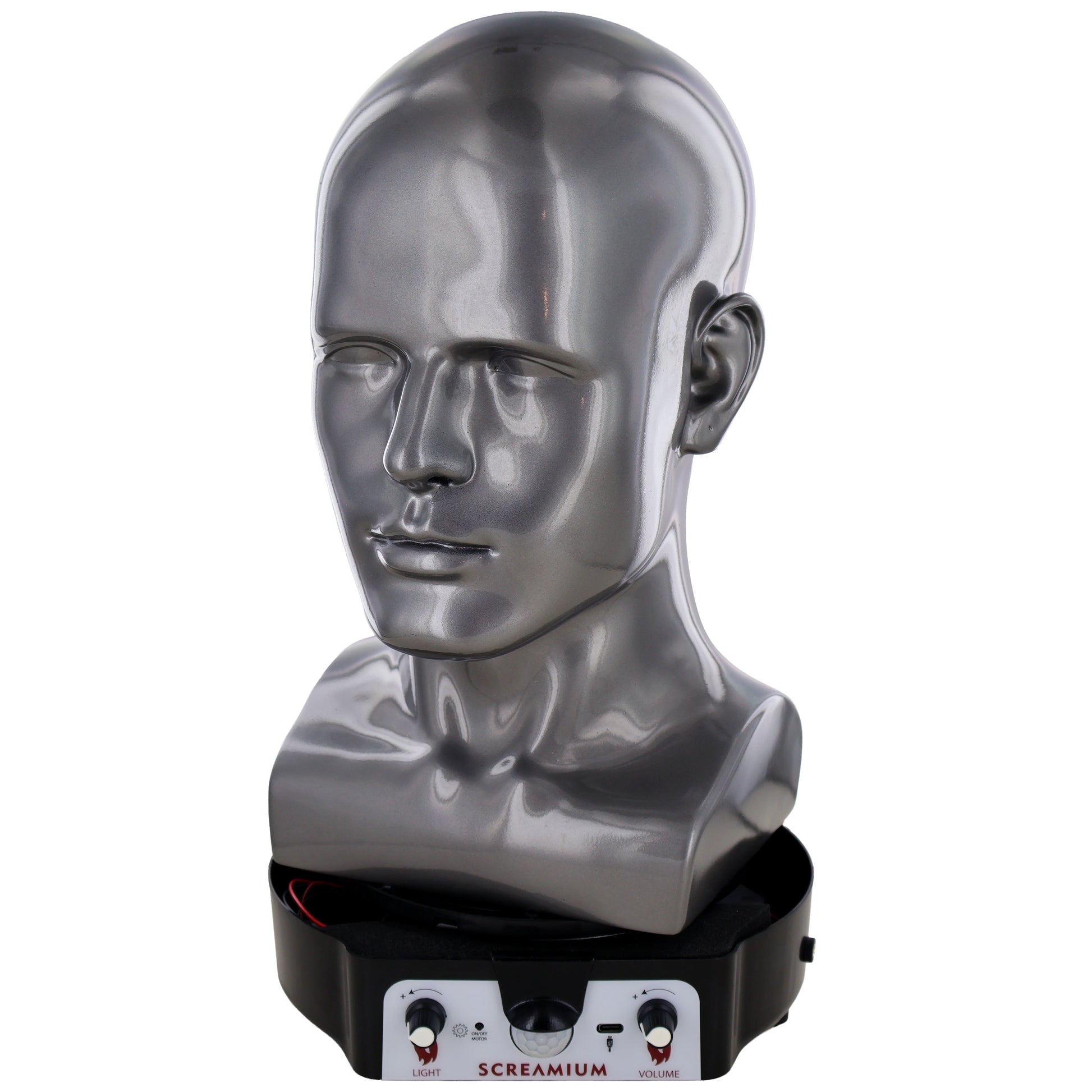 SCREAMIUM motorized mannequin head Halloween display with sound gray light and volume controls on Tampa Home & Garden Store