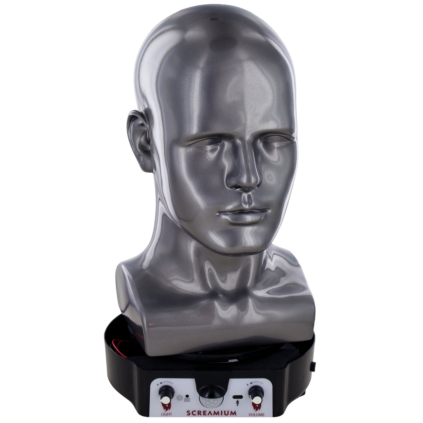 Motorized Halloween mannequin head display with sound effects dark gray plastic SCREAMIUM on Tampa Home & Garden Store