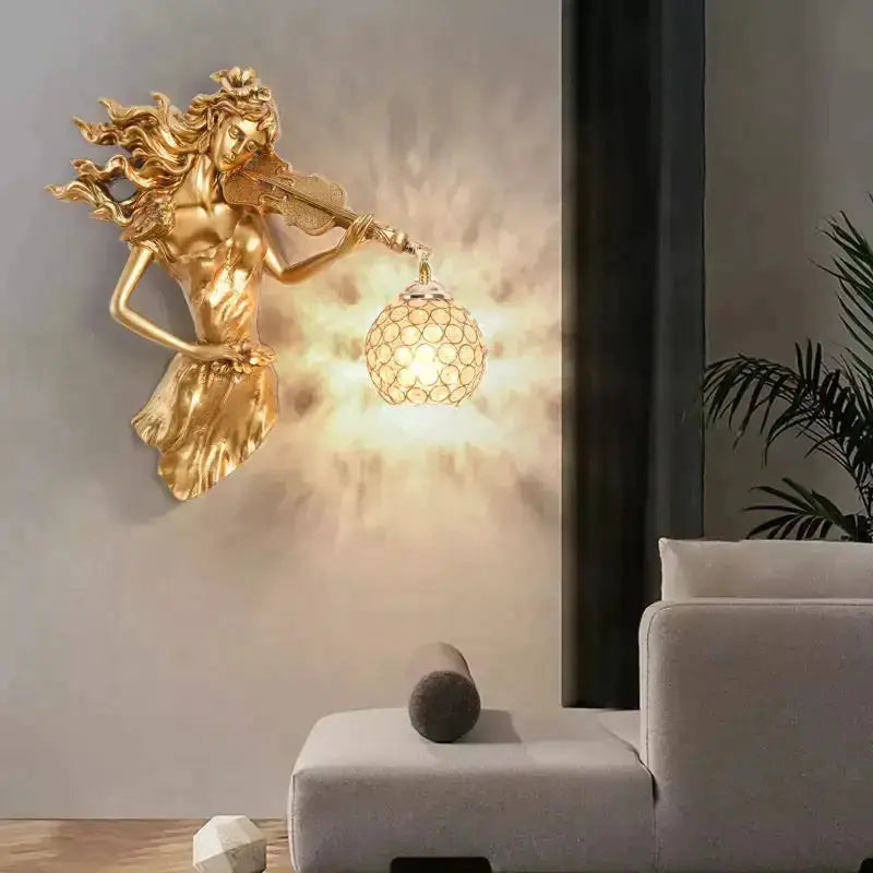 Sculptural Gold Violinist Crystal Wall Lamp