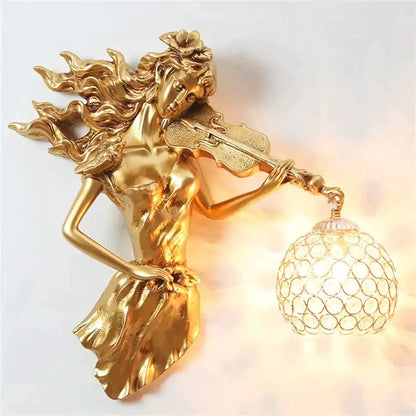 Sculptural Gold Violinist Crystal Wall Lamp