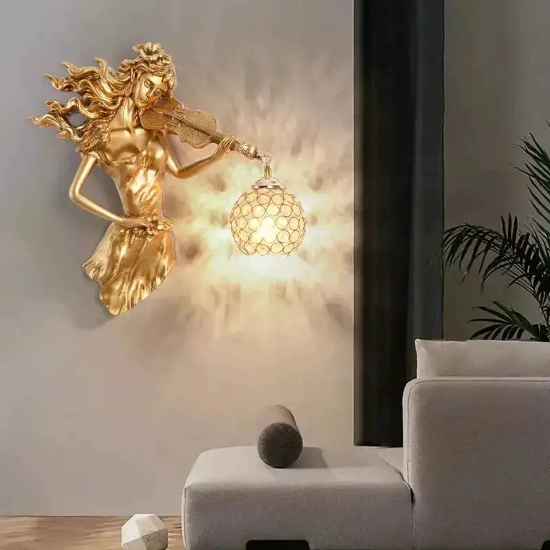 Sculptural Gold Violinist Crystal Wall Lamp