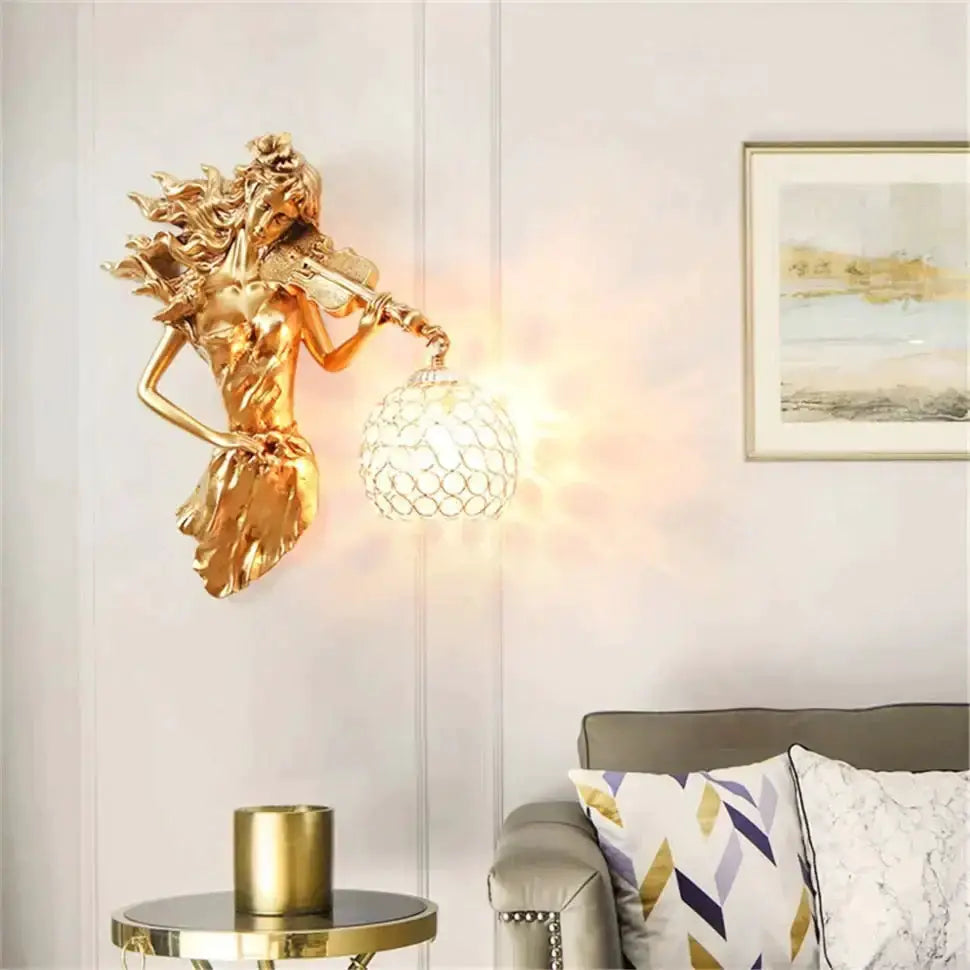 Sculptural Gold Violinist Crystal Wall Lamp