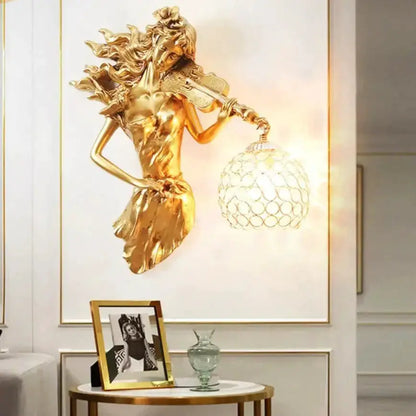 Sculptural Gold Violinist Crystal Wall Lamp