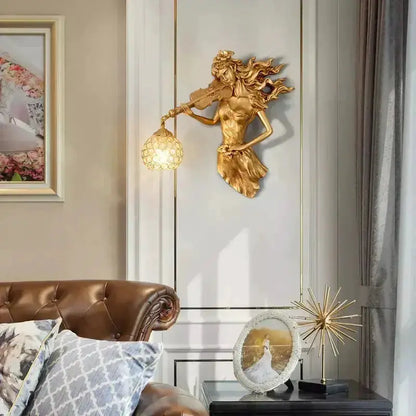 Sculptural Gold Violinist Crystal Wall Lamp