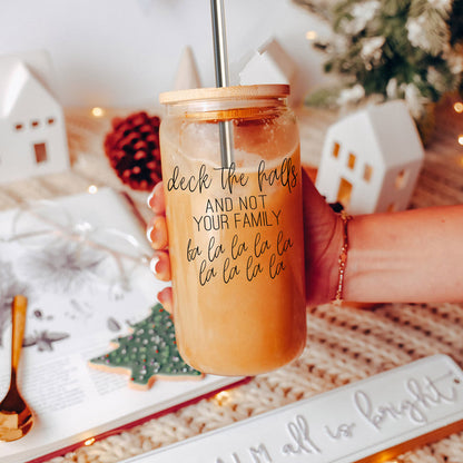 Deck the Halls 17oz glass cup by Gia Roma with wooden lid and metal straw on Tampa Home & Garden Store