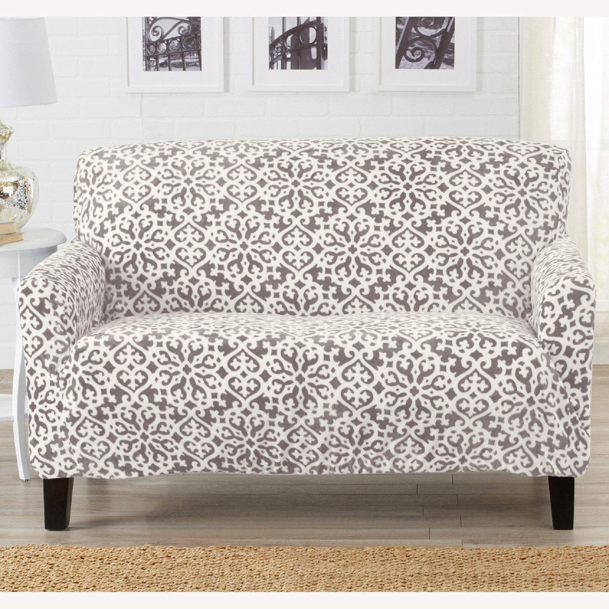 Velvet Stretch Slipcover Gale Collection gray and white trellis on armchair Great Bay Home on Tampa Home & Garden Store