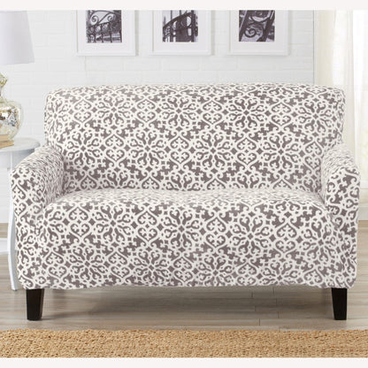 Velvet Stretch Slipcover Gale Collection gray and white trellis on armchair Great Bay Home on Tampa Home & Garden Store