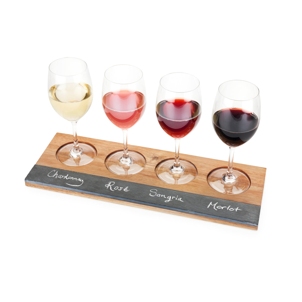 Acacia Wood Flight Board Twine Living four glasses Chardonnay Rosé Merlot on Tampa Home & Garden Store