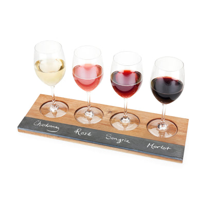 Acacia Wood Flight Board Twine Living four glasses Chardonnay Rosé Merlot on Tampa Home & Garden Store