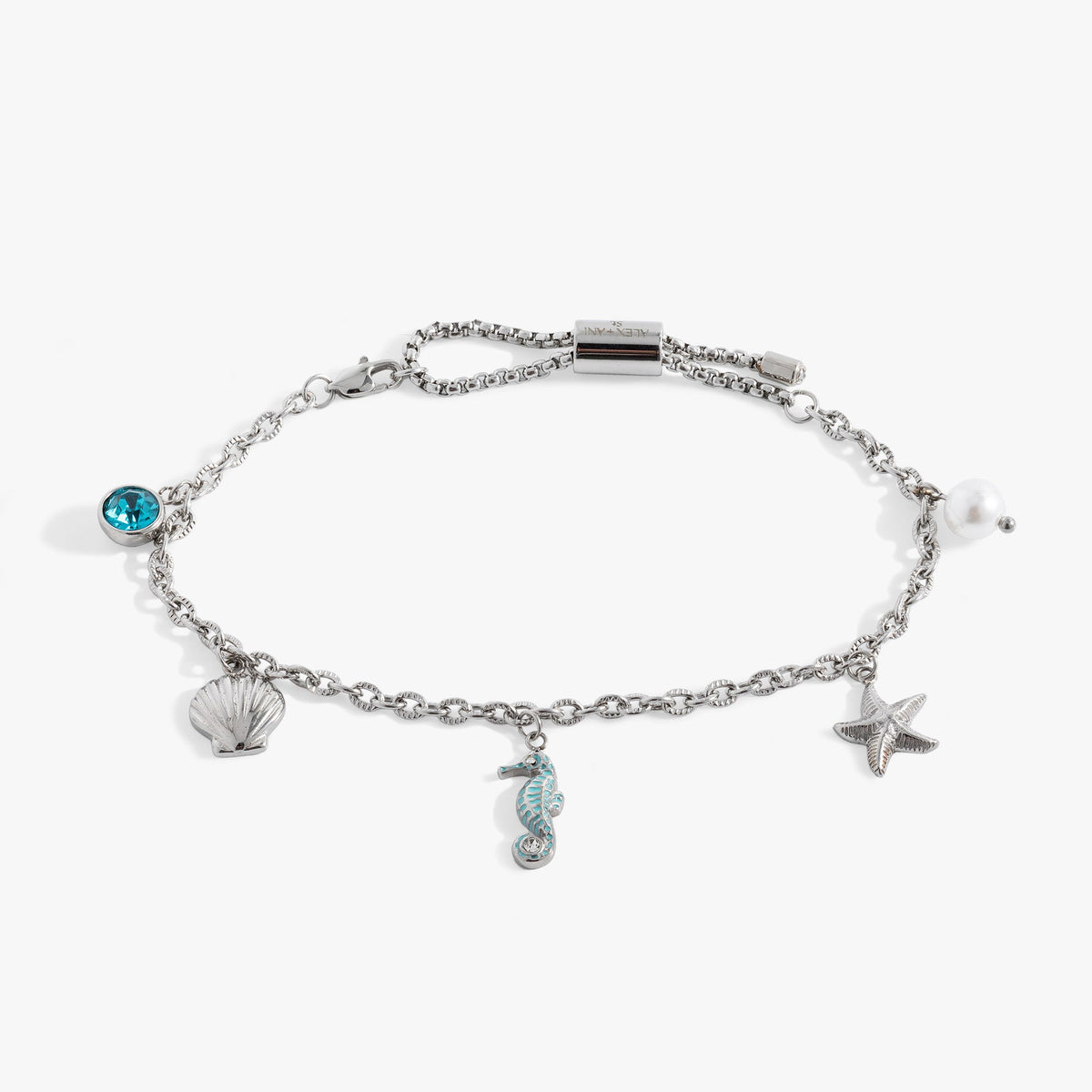 Seaside Anklet by ALEX AND ANI with silver chain and turquoise gemstone, seashell, seahorse and starfish charms on Tampa Home & Garden Store