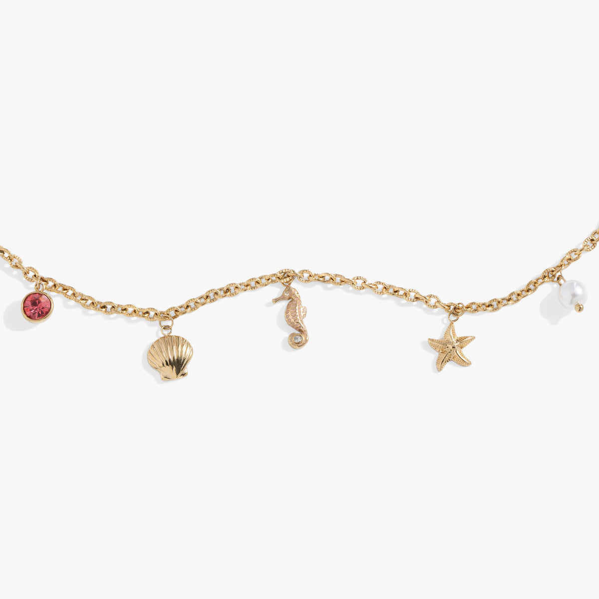 Seaside Anklet gold-tone chain: pink gem, shell, seahorse, starfish on Tampa Home & Garden Store