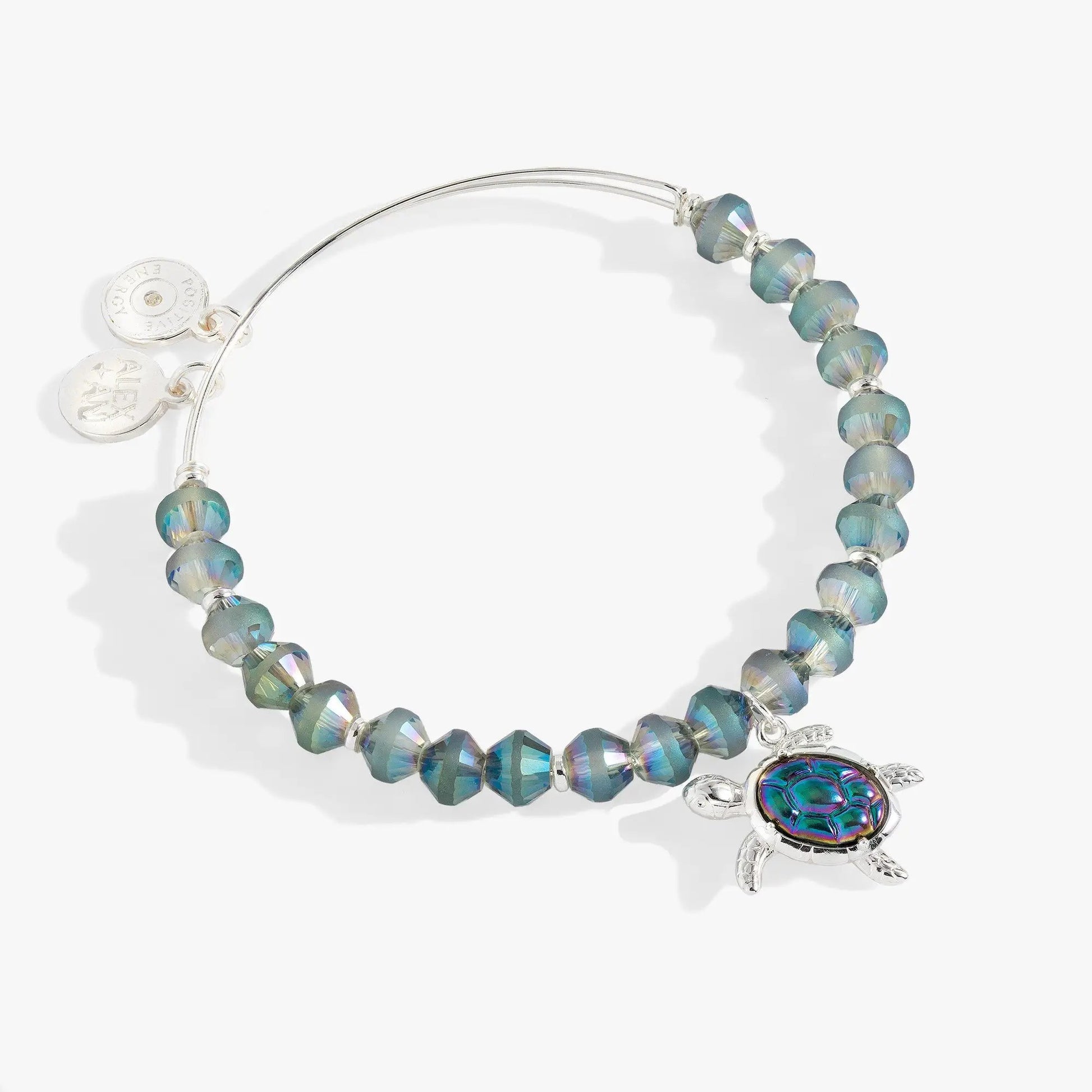 Sea Turtle Beaded Bangle by ALEX AND ANI, blue iridescent faceted beads with turtle charm on Tampa Home & Garden Store