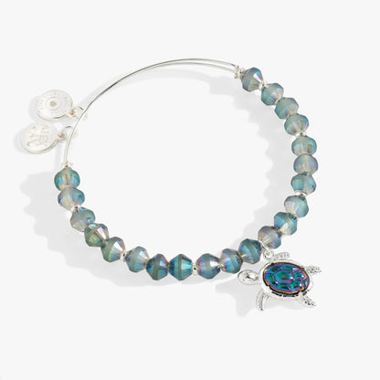 Sea Turtle Beaded Bangle by ALEX AND ANI, blue iridescent faceted beads with turtle charm on Tampa Home & Garden Store