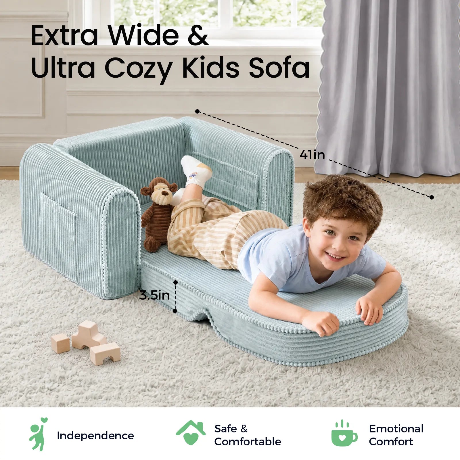Tiny Land GentleSnug Corduroy Kid Chair in light blue, a play sofa for kids on Tampa Home & Garden Store