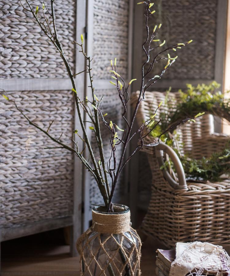 Seed Germination Branch Stem Faux in a glass vase wrapped with jute rope, brown with pale buds on Tampa Home & Garden Store