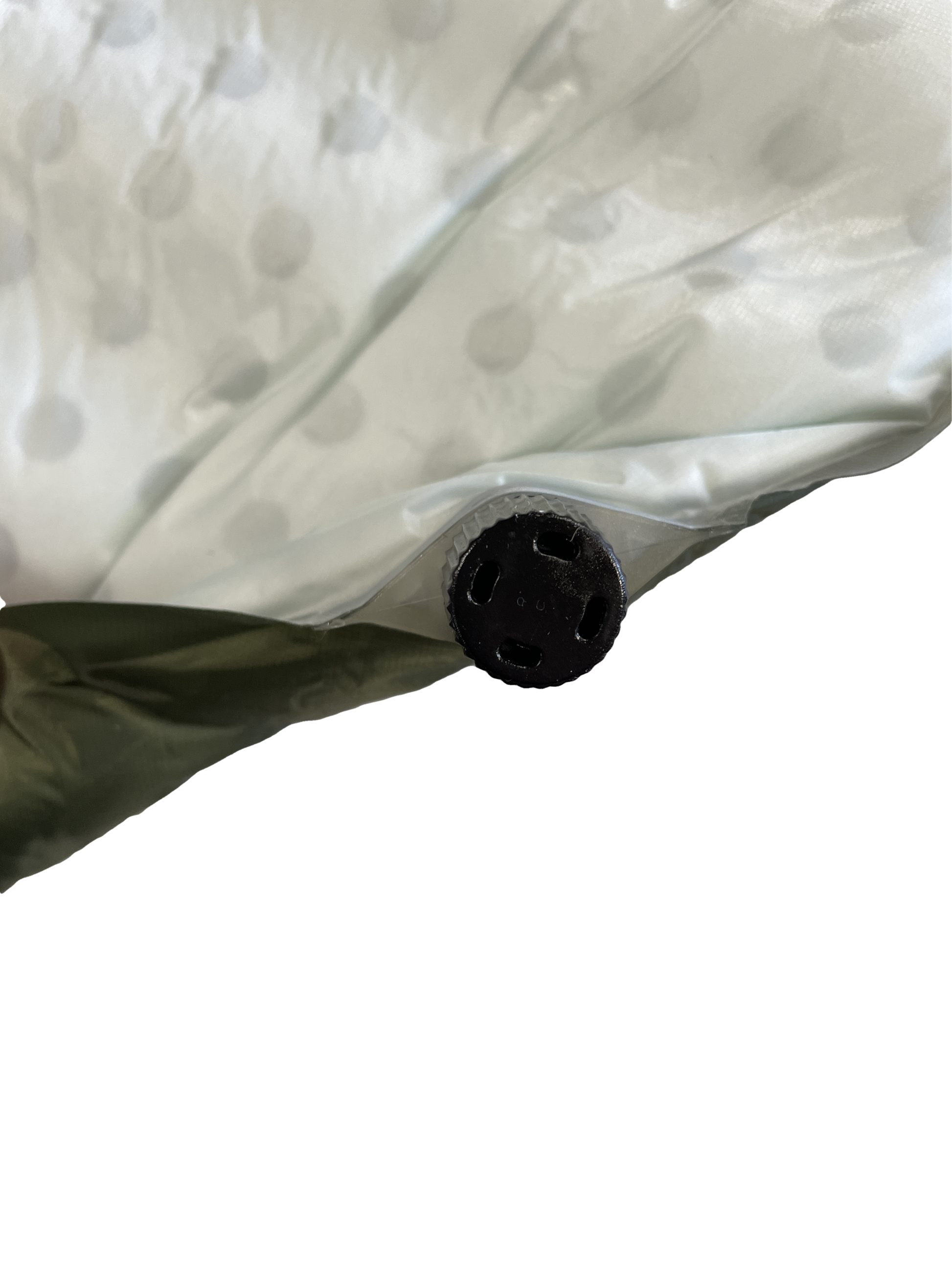 Self-Inflating Sleeping Pad valve close-up, River Country Gear, white dotted fabric on Tampa Home & Garden Store