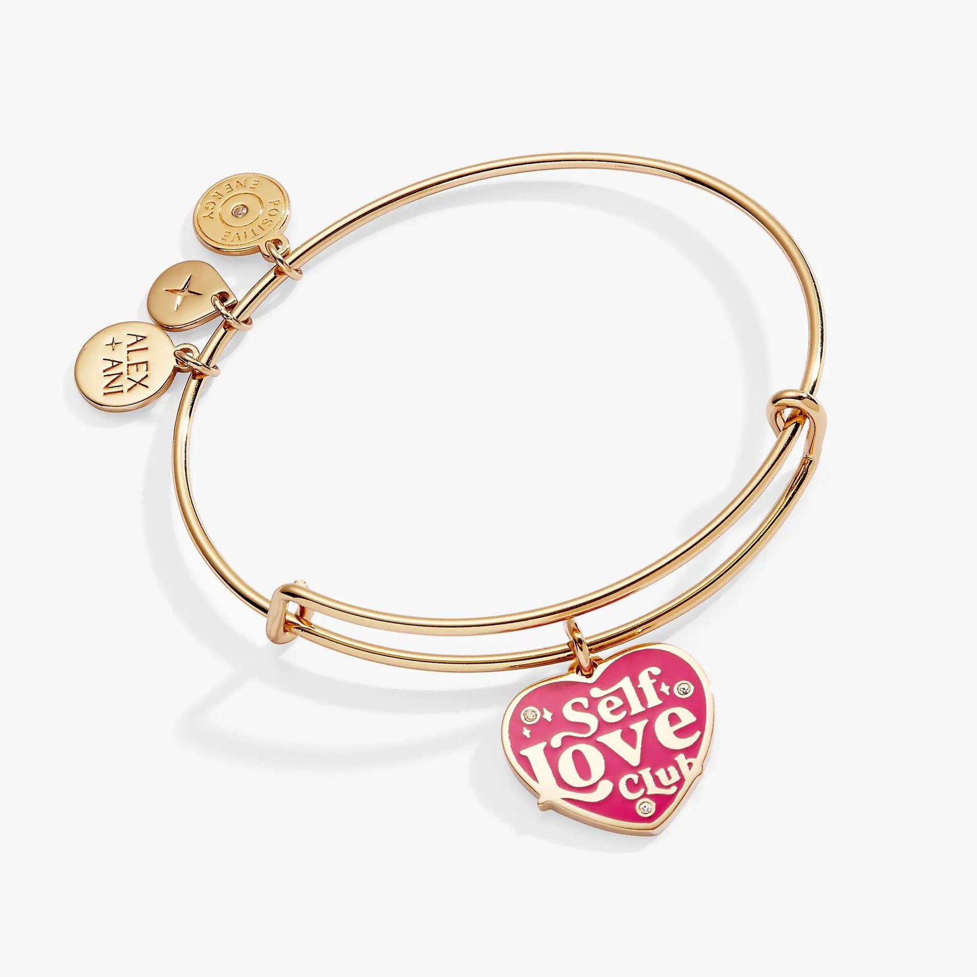 Self Love Charm Bangle rose gold with pink enamel charm and gold discs by ALEX AND ANI on Tampa Home & Garden Store