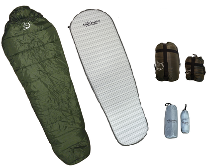Inflating sleeping pad combo set: green bag, grey dotted pad, two River Country Gear sacks on Tampa Home & Garden Store
