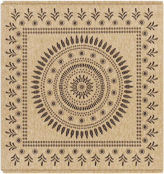 Beata Round Faux Jute Outdoor Rug Boutique Rugs natural beige with black mandala pattern on Tampa Home & Garden Store
