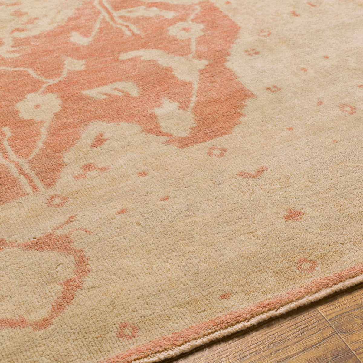 Seney Peach Area Rug by Boutique Rugs, peach and ivory tones, oriental motif, plush texture on Tampa Home & Garden Store