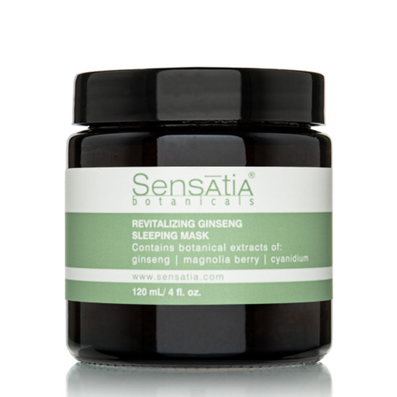 Sensatia Botanicals Revitalizing Ginseng Sleeping Mask jar, dark brown glass, green label 120 mL on Tampa Home & Garden Store