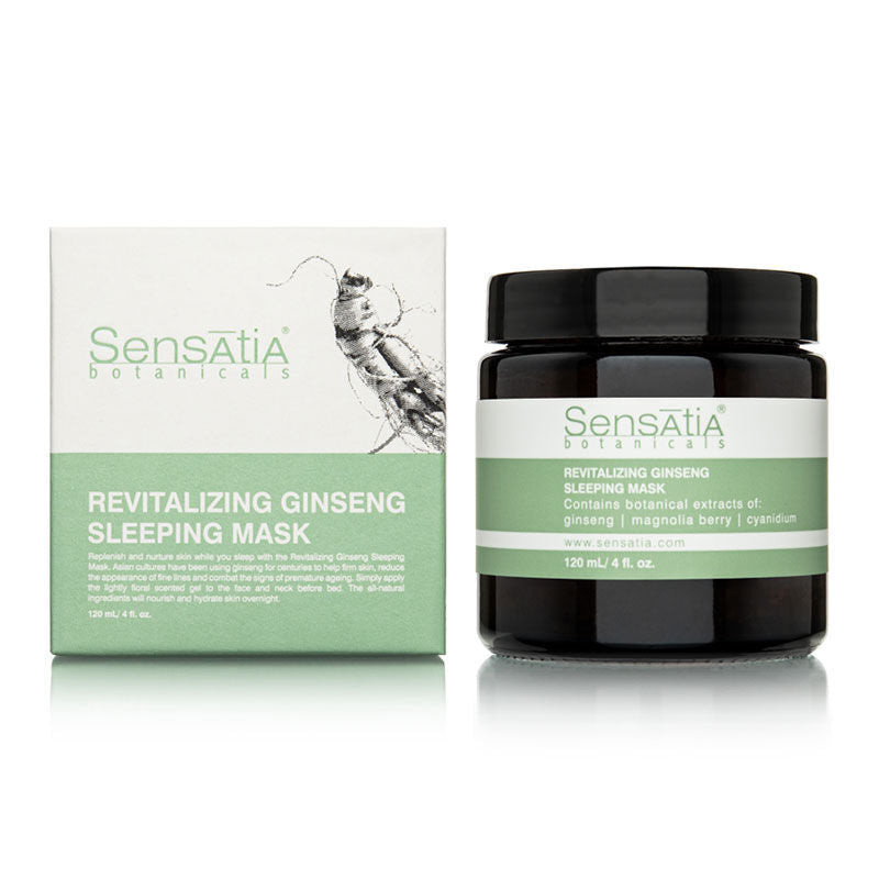 Sensatia Botanicals Revitalizing Ginseng Sleeping Mask 120 ml box and jar, green label skincare on Tampa Home & Garden Store
