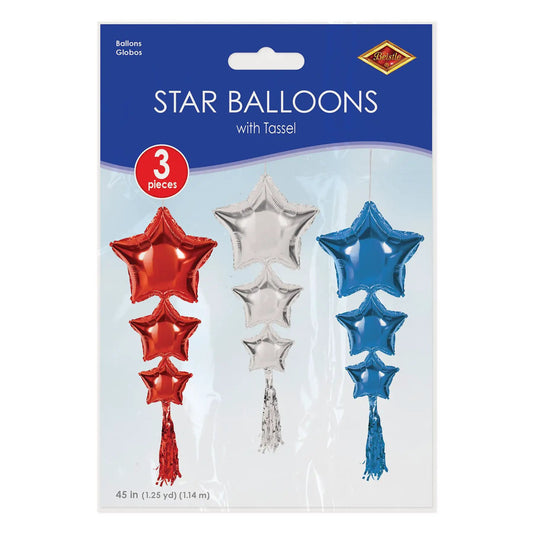 Patriotic Star Balloons with Tassels, 3pc set of red white blue stars on strings; Beistle on Tampa Home & Garden Store