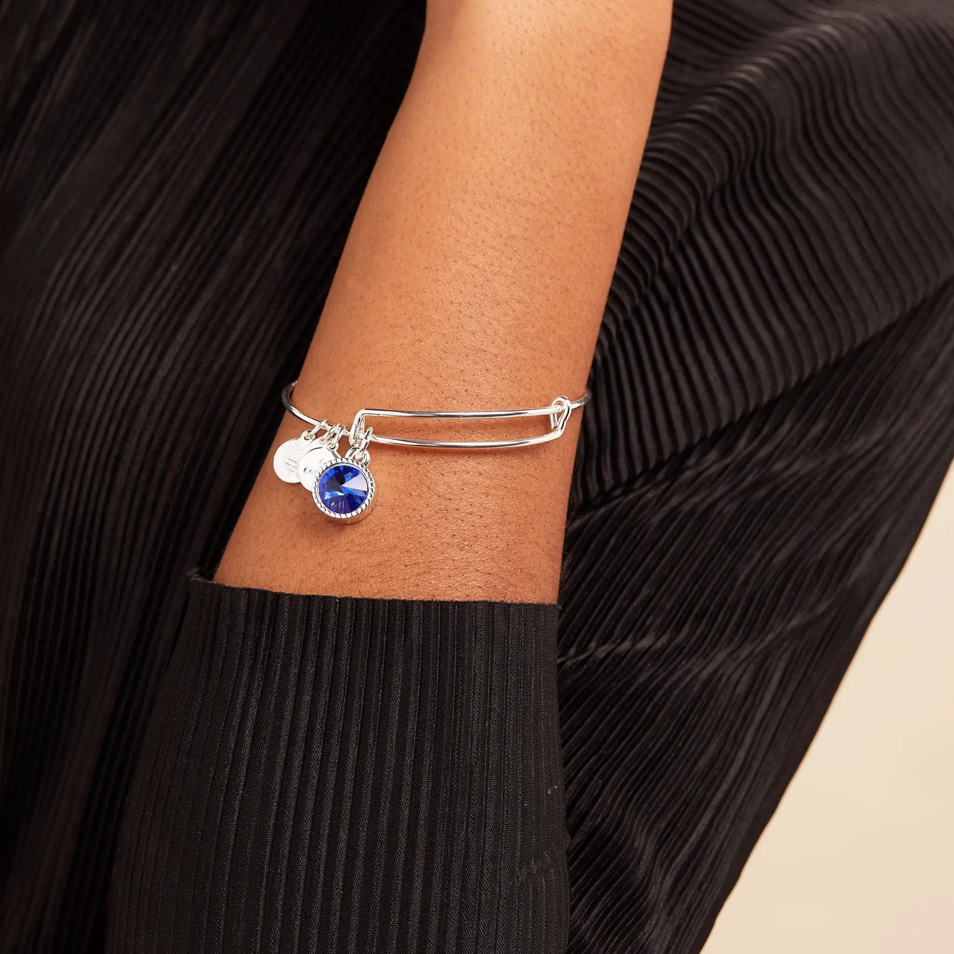September Sapphire birthstone charm bangle with blue stone, silver bracelet by ALEX AND ANI on Tampa Home & Garden Store