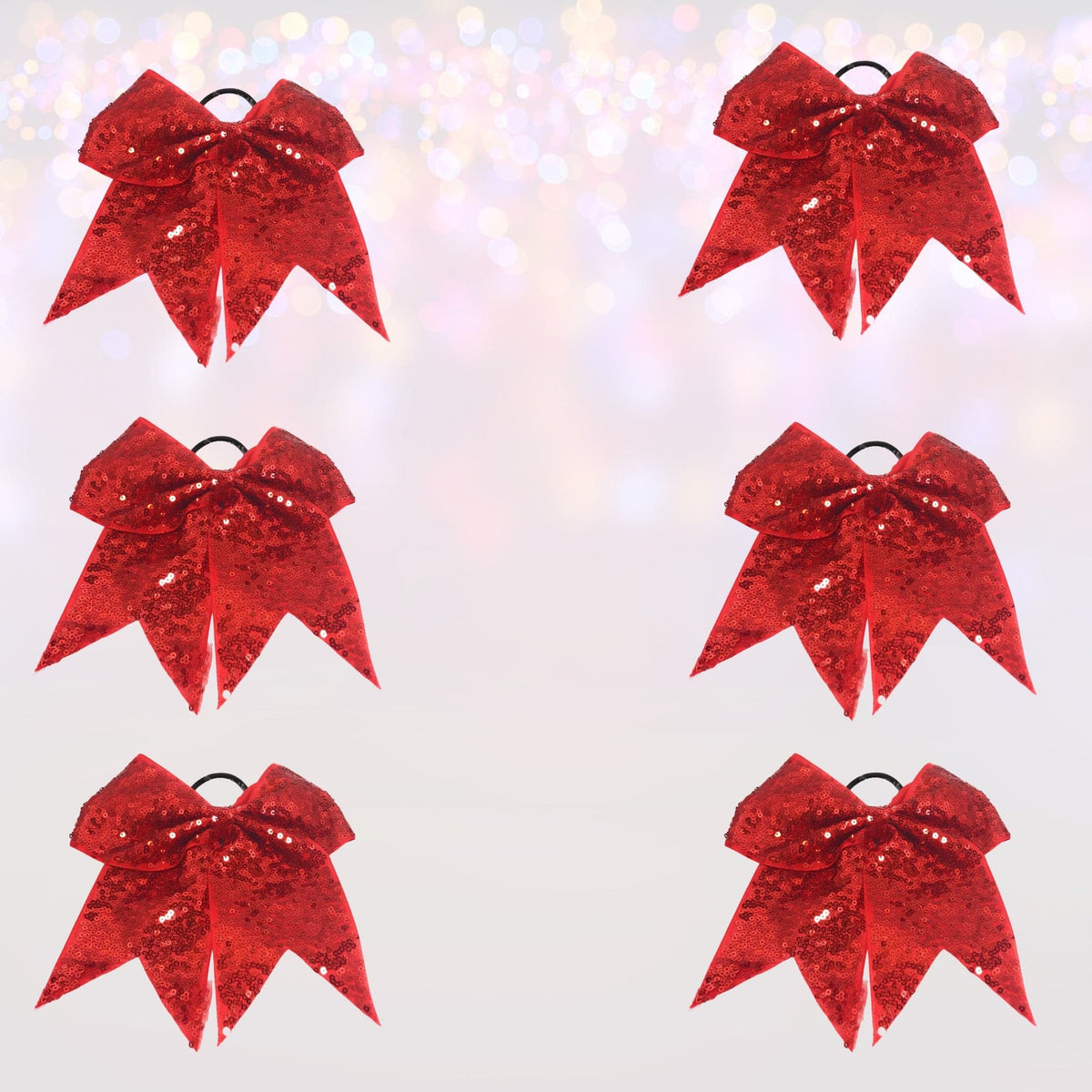 Sequin Cheer Bow bundle of 6 red hair bows with ponytail holders on Tampa Home & Garden Store